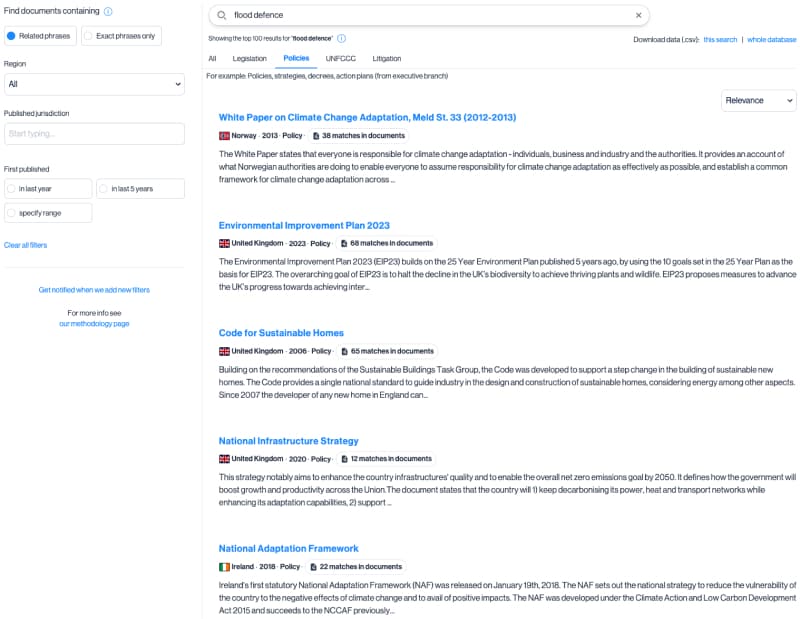 Screenshot of the search results